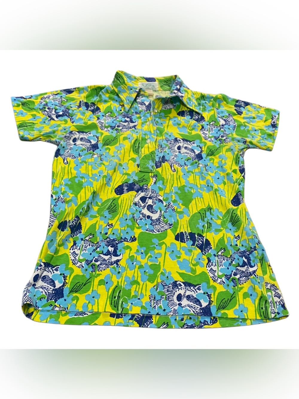 Lilly Pulitzer Rare Vintage 70s Raccoon Print Dagger Collar Polo Shirt The Lilly